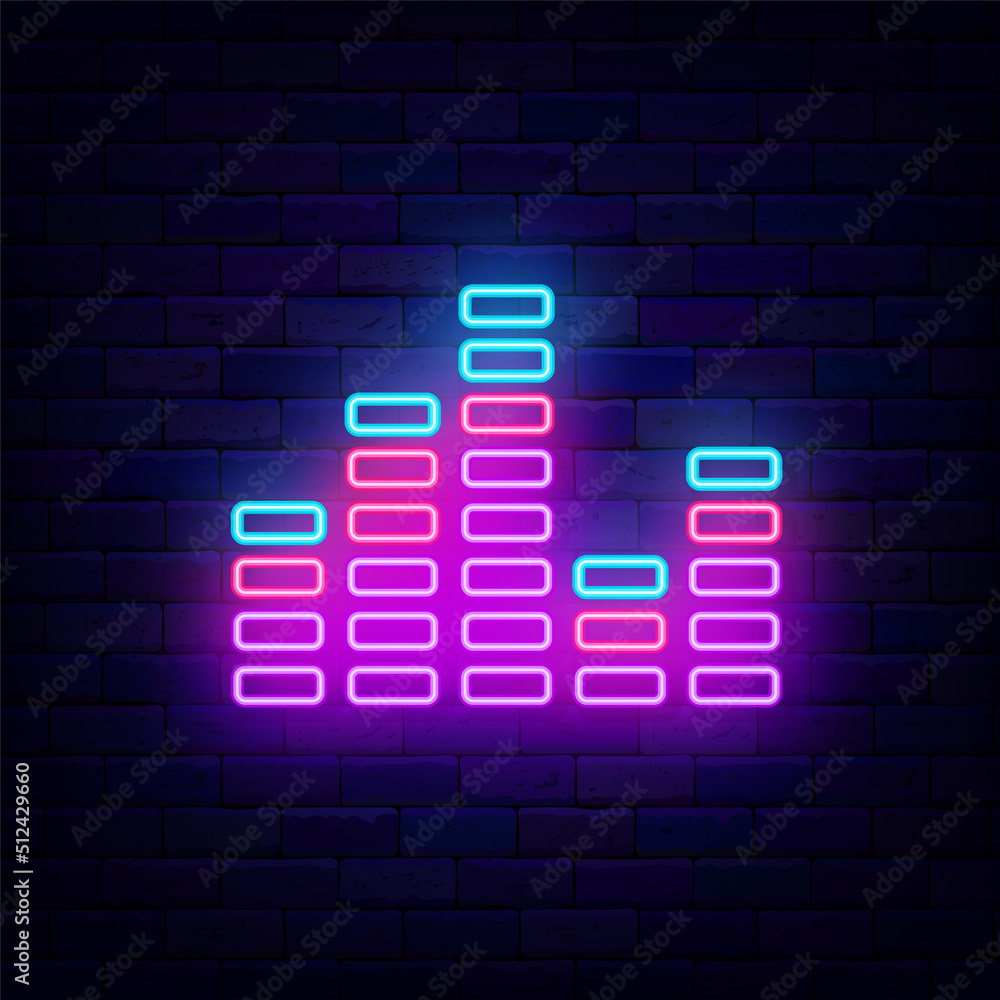 Music equalizer neon sign. Melody vibes. Audio track symbol. Night club party badge. Vector stock illustration Music equalizer neon sign. Melody vibes. Audio track symbol. Night club party badge. Vector stock illustration