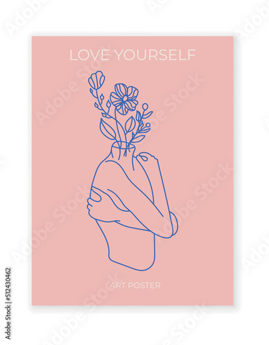 Love yourself poster. Woman hugging herself with hearts on pink background. Love your body concept. Vector line illustration