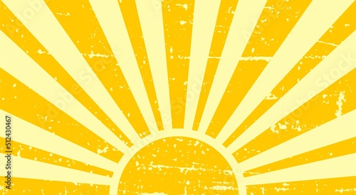 Vintage sun in yellow colors. Sunbeams with retro style. Vector background in grunge style. Horizontal banner.