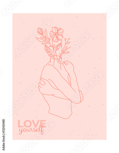 Love yourself poster. Woman hugging herself with hearts on pink background. Love your body concept. Vector line illustration