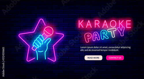 Karaoke party neon promotion. Website landing page. Star shape and microphone in man hand. Vector stock illustration