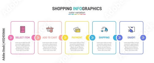 Concept of shopping process with 5 successive steps. Five colorful graphic elements. Timeline design for brochure, presentation, web site. Infographic design layout.