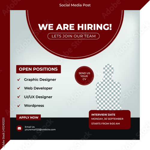 We are hiring job vacancy promotional social media post or square web banner template photo