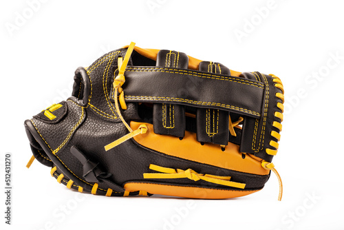 Baseball black and yellow glove isolated on white background