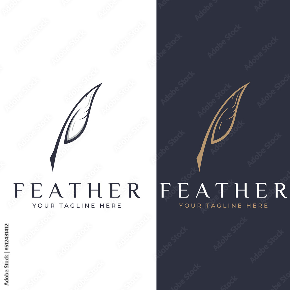 Feather logo, feather pen logo and law firm feather logo design vector illustration template.