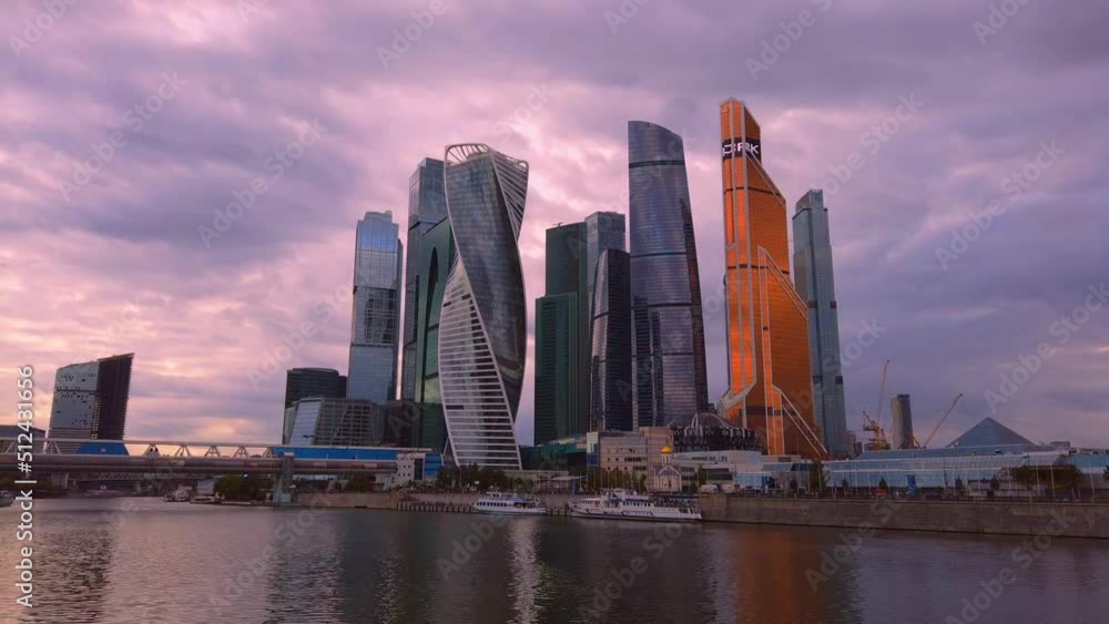 The business center of the capital Moscow-City at sunset, fast timelapse shooting.