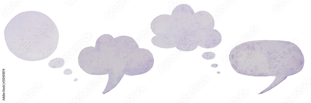 Collection of speech bubbles and dialog balloons. Hand watercolor painting. Isolated clip art elements for design, decor, creative collages.