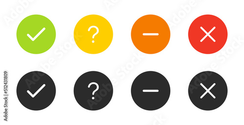Flat and line check mark icon set. Green OK or tick, red X or deny, exclamation mark, Question mark. Approval signs. Check list, test, quiz. Stock vector EPS10.