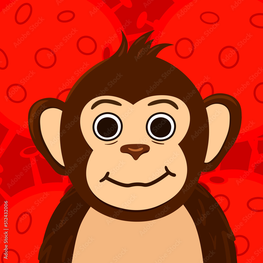 Vector illustration of monkey with virus cells background. Monkeypox 2022 new virus. Disease transmitted by monkey. Monkey pox fever.  
