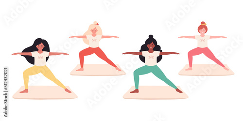 Women doing yoga. Healthy lifestyle, self care, yoga, meditation. Yoga studio, yoga class. Hand drawn vector illustration