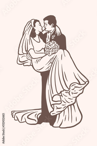 Beautiful wedding couple in love - Vector illustration - Out line