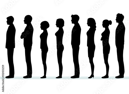 Business Men and women silhouette Waiting in Line, People In Side Standing View Vector Illustration