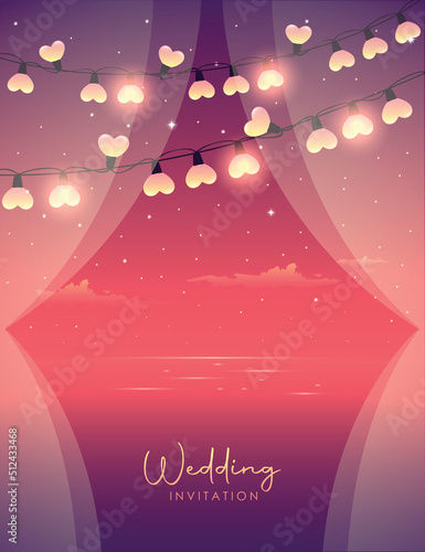wedding invitation by the sea starry night and heart fairy light