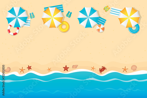 summer holiday on tourist beach with umbrella swim ring and flip flop