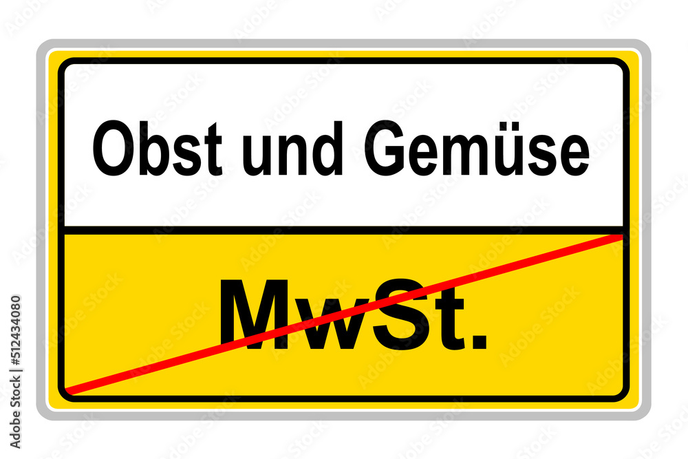 Gelbes Schild und Mehrwertsteuer MWST auf Obst und Gemüse in Deutschland Illustration auf weissem Hintergrund Gelbes Schild und Mehrwertsteuer MWST auf Obst und Gemüse in Deutschland Illustration auf weissem Hintergrund