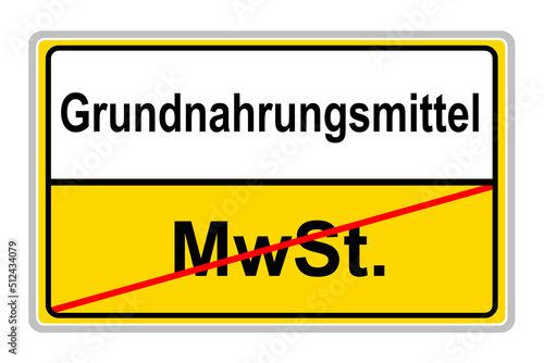 Gelbes Schild und Mehrwertsteuer MWST auf Grundnahrungsmittel in Deutschland Illustration auf weissem Hintergrund