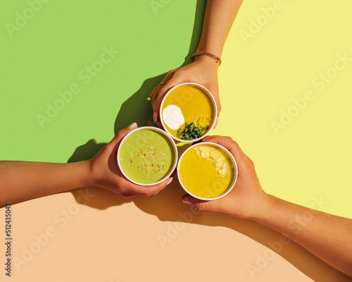 People with healthy food, cheers, vegetarian food, soup , to go, party with food