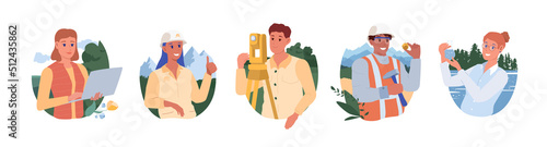 People of various professions: ecologist, geodesist, geologist, hydrologist, etc. against the backdrop of nature. Flat, Vector illustration