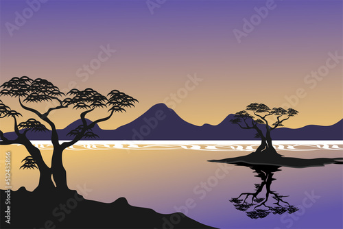 Panoramic landscape of beach with silhouette of mangrove trees in pastel colors photo