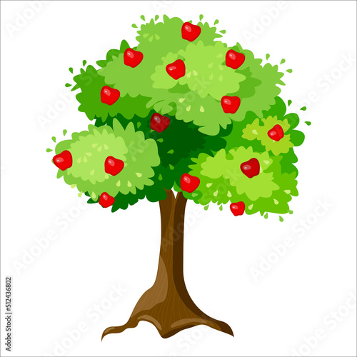 Simple green tree with red apples, flat vector illustration. Beautiful red apples and green leaves. Summer flowering time. Isolated on a white background. Garden, fruit tree.
