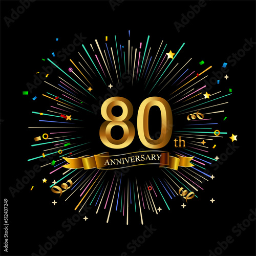 80th Anniversary celebration. Golden number 80th with sparkling confetti