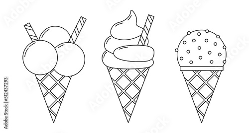 Vector linear ice cream set. Coloring page with sweet cold desserts photo