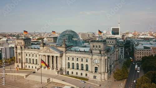 Germany Berlin Aerial Birdseye flying low around Reichstag building  photo
