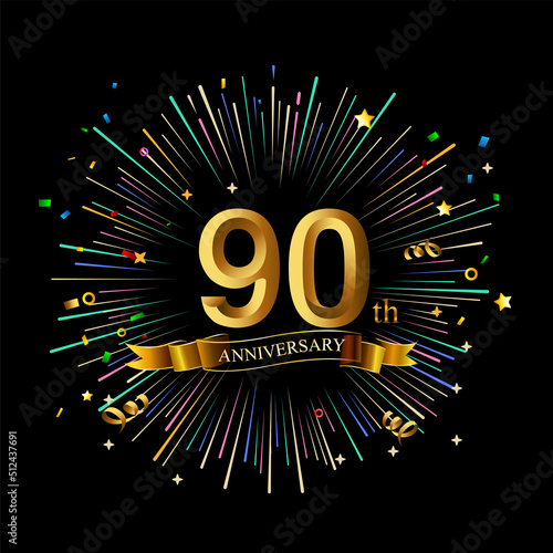 90th Anniversary celebration. Golden number 90th with sparkling confetti photo