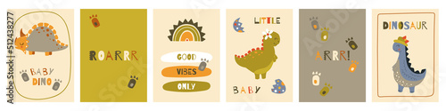 Set of posters with cute dinosaurs. Childish design for birthday invitation, poster, nursery wall art and card. Printable nursery design. 
