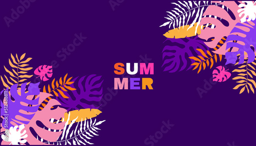 Summer concept design with pretty women, palm trees, tropical leaves and flowers Exotic modern design for web banner, poster, wall art, web site, business trevel Vector illustration