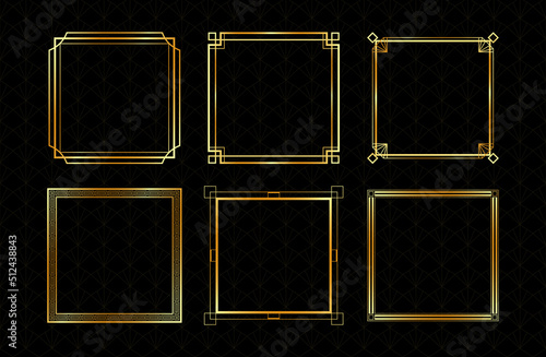 Set of vector gold frames. Art Deco square frames collection on dark backdrop