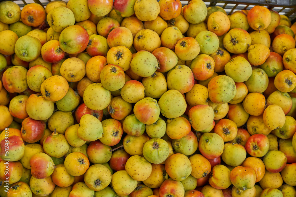 Tejocote placed on a shelf for sale in a marketplace Tejocote placed on a shelf for sale in a marketplace