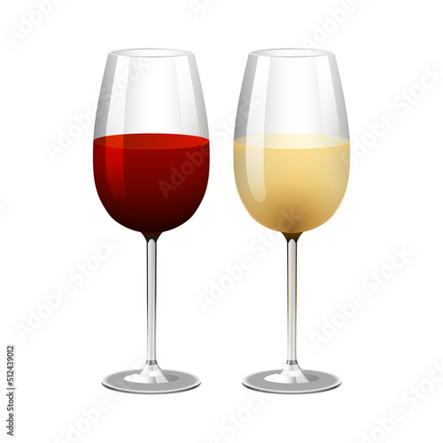 Two glasses of red and white wine isolated on a transparent background. Holidays, happy event with alcohol concept. Vector illustration.