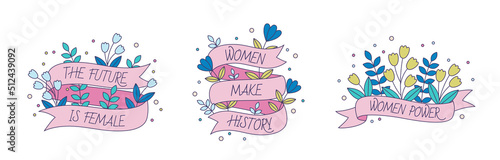 Set of feminist vector stickers. Women empowerment concept illustration. International Women Day stickers with inspirational quotes. Happy Women's Day icon clip-art set.