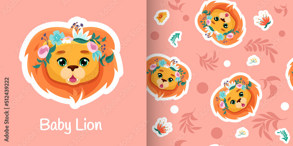 Cute baby Lion seamless pattern with roses crown, hand drawn flower background. Vector cartoon illustration for nursery, poster, birthday greeting cards, baby shower, textile fabric