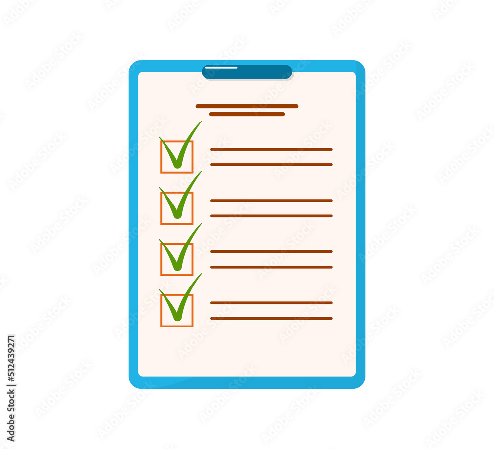 Isolated vector survey document. Task list with done marks in boxes Isolated vector survey document. Task list with done marks in boxes