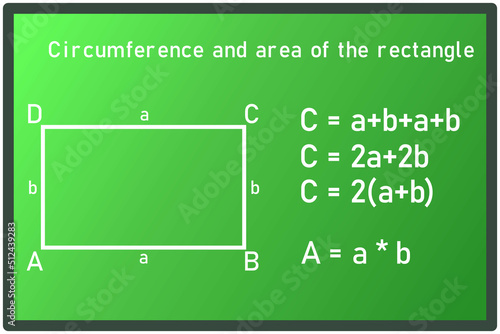  circumference and area of a rectangle with an equation on a green board