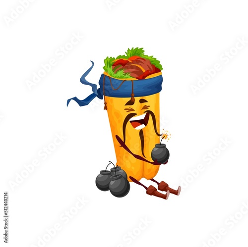 Cartoon burrito pirate character with bombs. Vector mexican corsair personage with cannonballs. Tex mex food for kids menu, fast food wear bandana, funny filibuster snack, Mexico meal