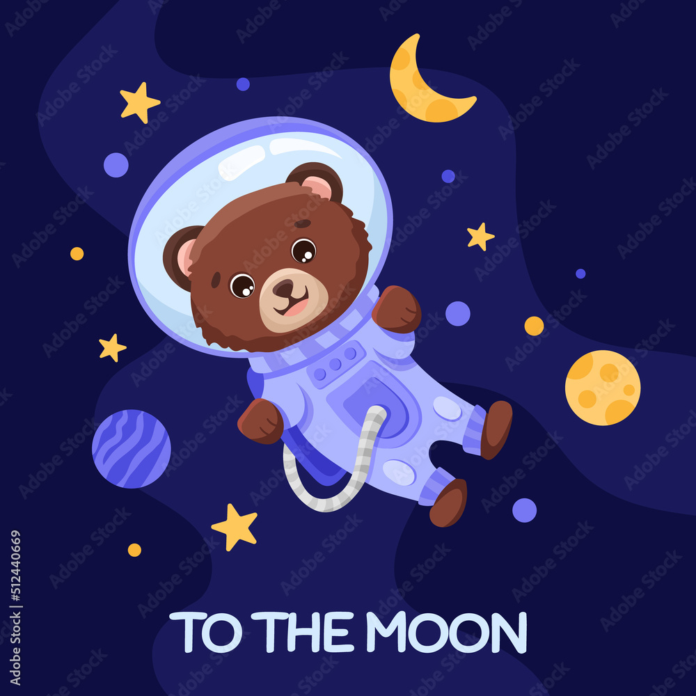 Fototapeta premium Bear Astronaut in space suit for birthday party flyer, kids print texture and baby shower. Cute animal with planets moon stars in open space. Vector Cartoon illustration
