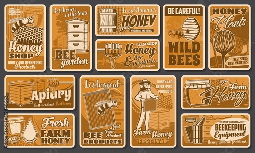 Honey beekeeping and apiary farm vector retro posters with beekeeper hives and bee honeycombs. Apiary farm shop, beekeeper food festival, wild bees warning sign and flower honey plants