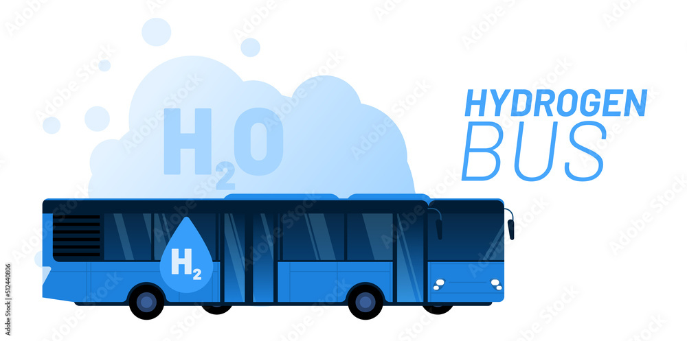 Hydrogen bus and green energy vector illustration concept. Big blue vehicle with text H2 on the side with harmless water emission. Template for website banner, advertising campaign or news article.