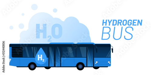 Hydrogen bus and green energy vector illustration concept. Big blue vehicle with text H2 on the side with harmless water emission. Template for website banner, advertising campaign or news article.