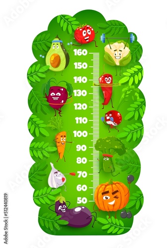 Kids height chart with fitness cartoon vegetables growth meter ruler . Vector funny tomato, carrot, garlic and radish, avocado and broccoli, eggplant and cauliflower veggies doing sport exercises