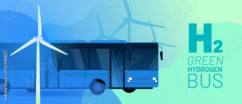 Green Hydrogen bus vector illustration concept. Alternative energy and fuel source. Wind turbine, text H2 and passenger vehicle. Abstract background for website banner, advertising campaign or news