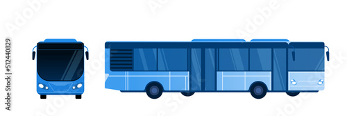Modern bus side and front view vector isolated illustration. Fast passenger and tourist vehicle for city or intercity jorney. Set in flat style