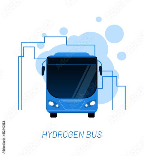 Hydrogen bus vector illustration concept. Big blue vehicle with fuel station an the city. Template for website banner, advertising campaign or news article.