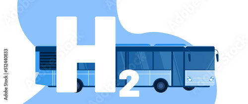 Hydrogen bus vector illustration concept. Big blue vehicle with text H2. Template for website banner, advertising campaign or news article.