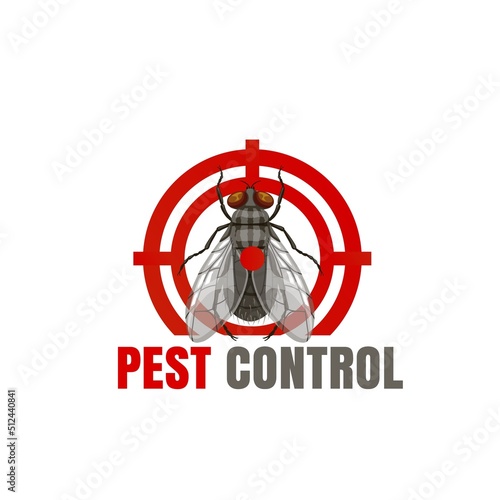 Pest control icon with fly in weapon aim and red dot. Disinsection service vector emblem with insect. Parasites extermination label, pest disinfection or insecticide cartoon sign with fly in target