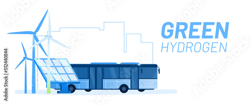 Hydrogen bus vector illustration concept. Alternative and renewable energy source. Wind turbine, solar panel and bus. Template for website banner, advertising campaign or news article.
