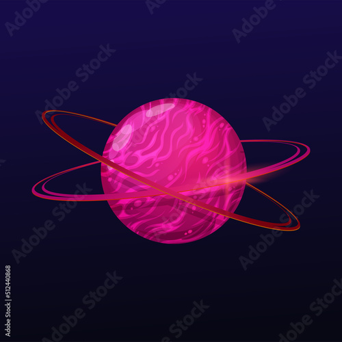 Cartoon pink space planet with rings. Game user interface design element or icon, fantasy alien world, galaxy sci-fi planet and fantastic exoplanet with liquid or gaseous surface, two rings on orbit